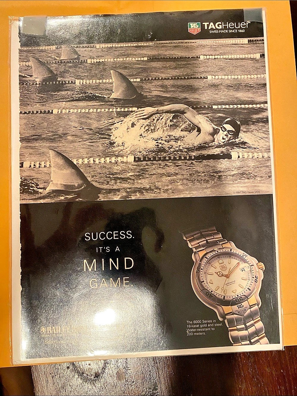 TAG Heuer Success. It's a Mind Game (6000 Series Shark Pool Print Ad) Shark Pool
